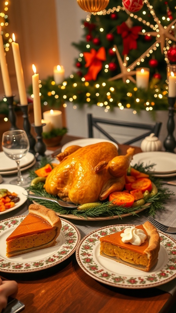 Christmas Family Dinner Recipe for Three A festive Christmas dinner table with roast chicken, seasonal vegetables, and pumpkin pie for three.